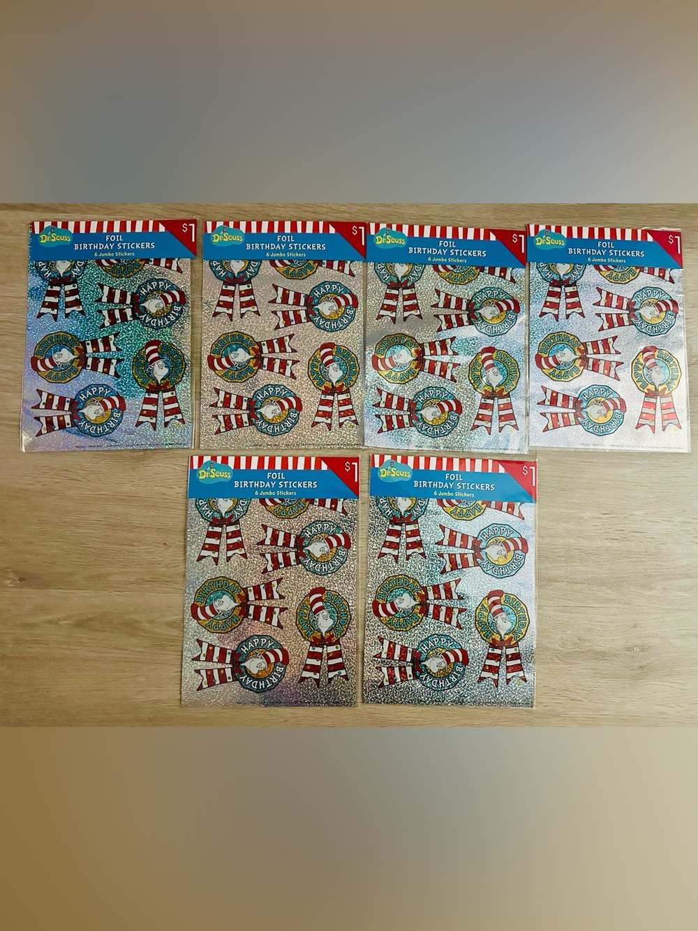36 Dr. Seuss "Foil Birthday Stickers" - 6 packs of 6 stickers